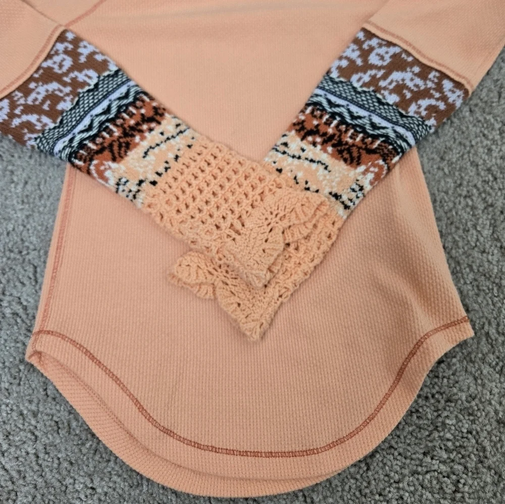 Free People In The Mix‎ Cuff Thermal Top In Desert Orange Knit Crochet size XS